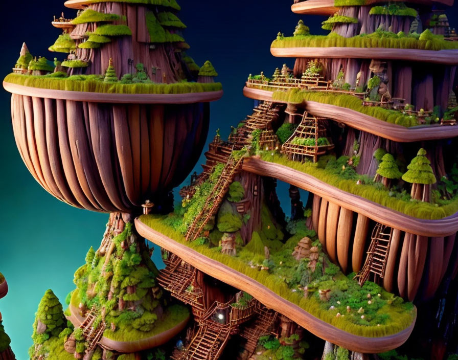 Fantasy tree village on floating islands under twilight sky