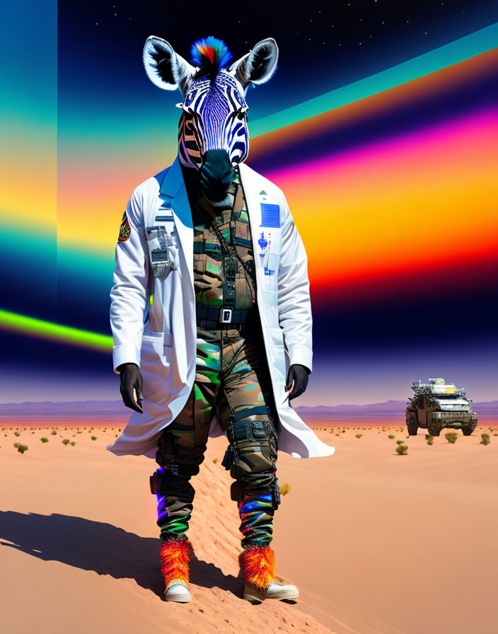 Surreal image of person with zebra head in lab coat and military attire on desert with psychedelic