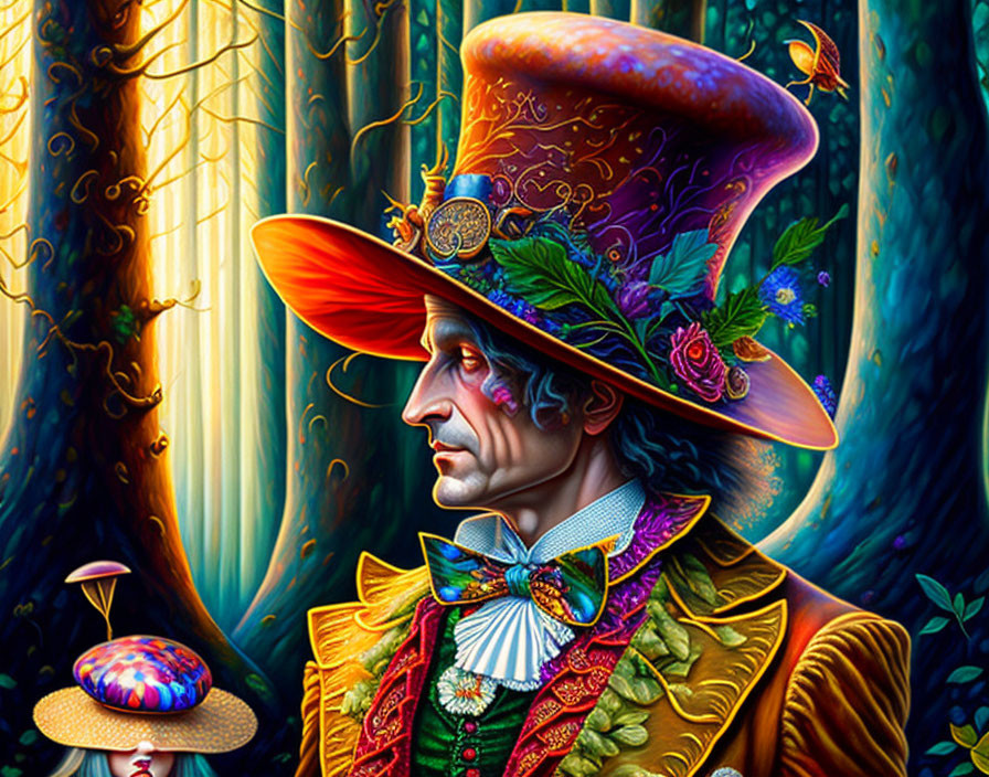 Whimsical character with large floral top hat in enchanted forest