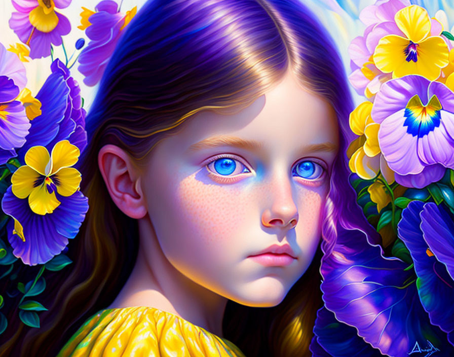 Digital painting of girl with blue eyes among vibrant flowers