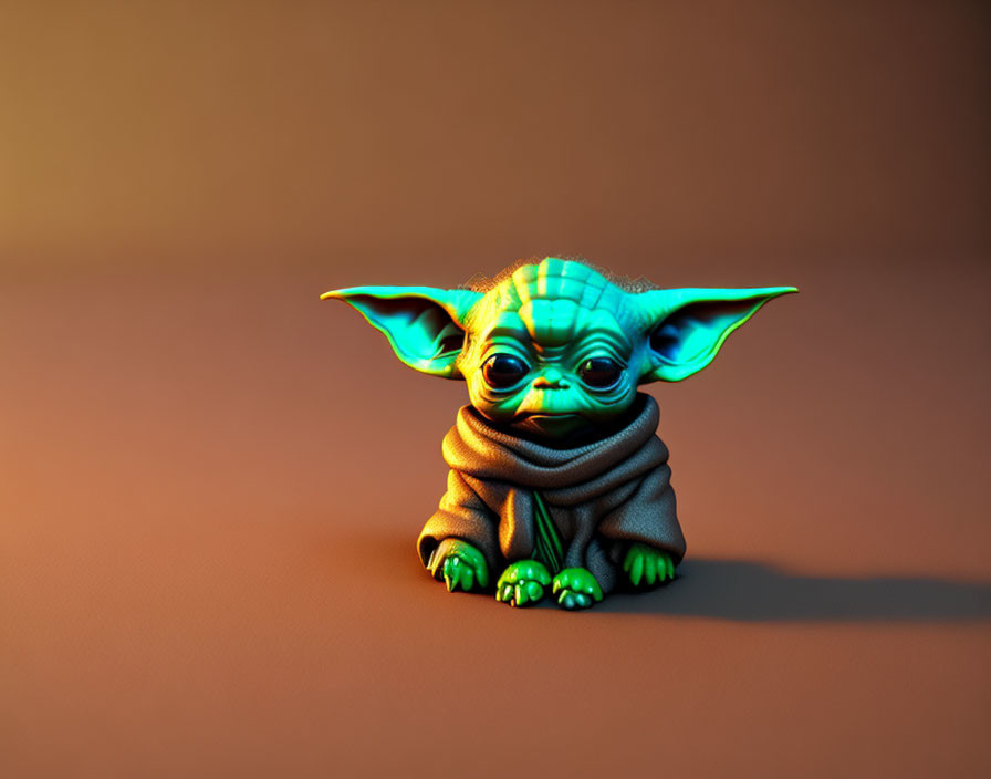 Baby Yoda 3D illustration with large eyes and brown cloak on warm background