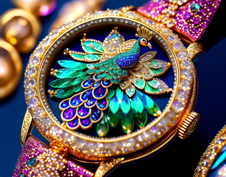 Peacock Design Luxury Watch with Gemstones and Diamonds on Gold Setting