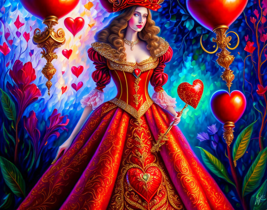 Woman in Red Gown Surrounded by Hearts and Flowers