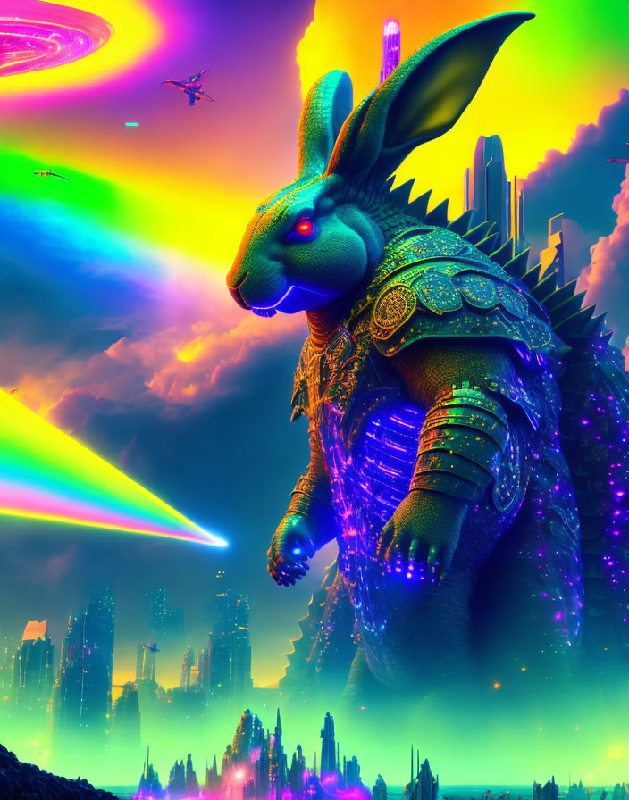 Colorful Armored Rabbit in Neon Futuristic Cityscape