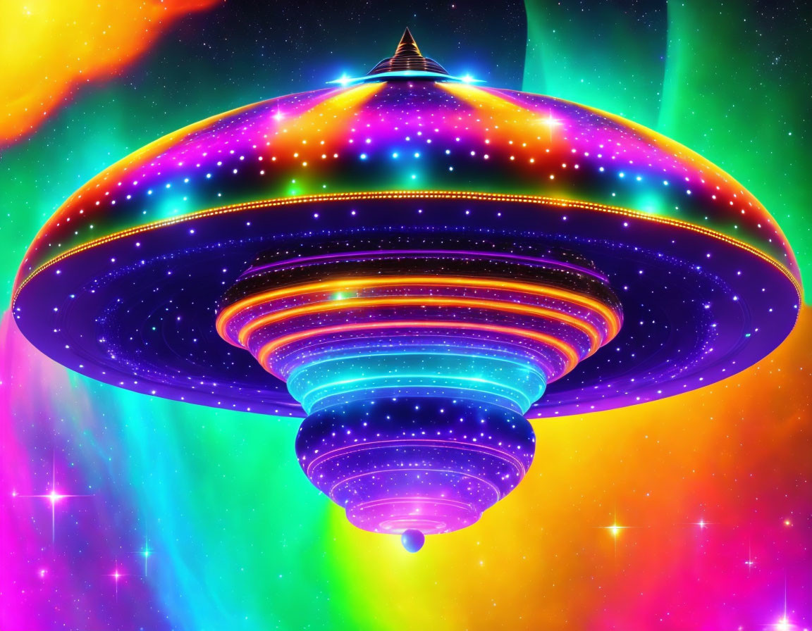 Colorful UFO against rainbow nebula backdrop: Cosmic wonder radiates