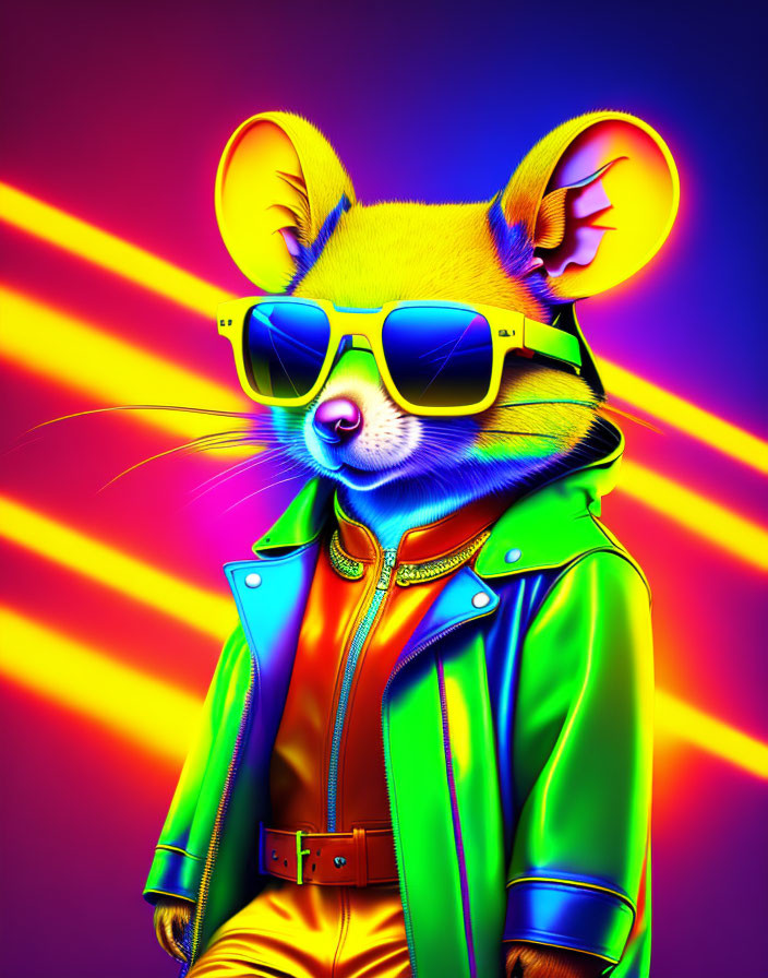 Colorful Mouse in Sunglasses and Jacket on Neon Background