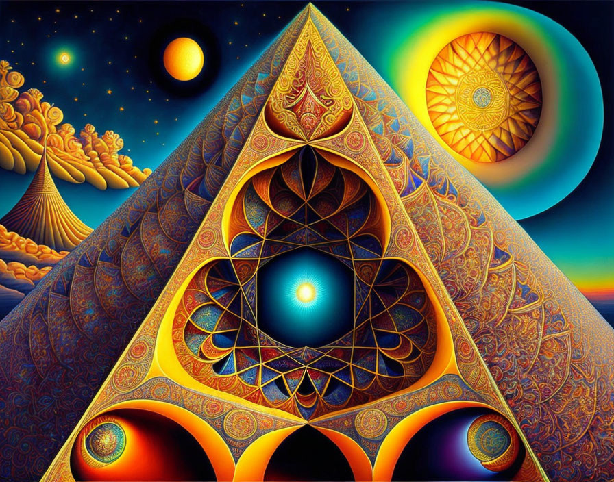 Colorful Psychedelic Triangle Composition with Celestial and Cosmic Elements