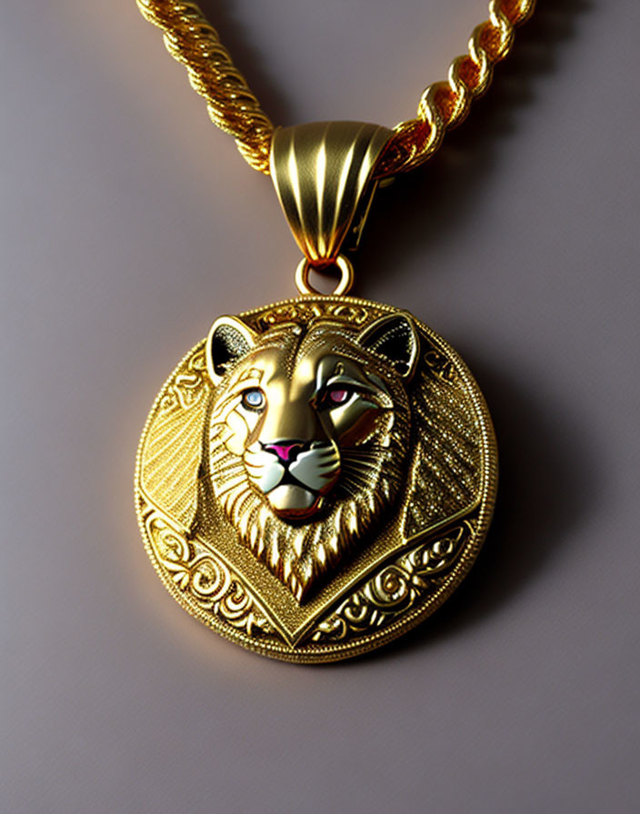 Golden Lion Face Pendant on Thick Chain Against Gradient Background