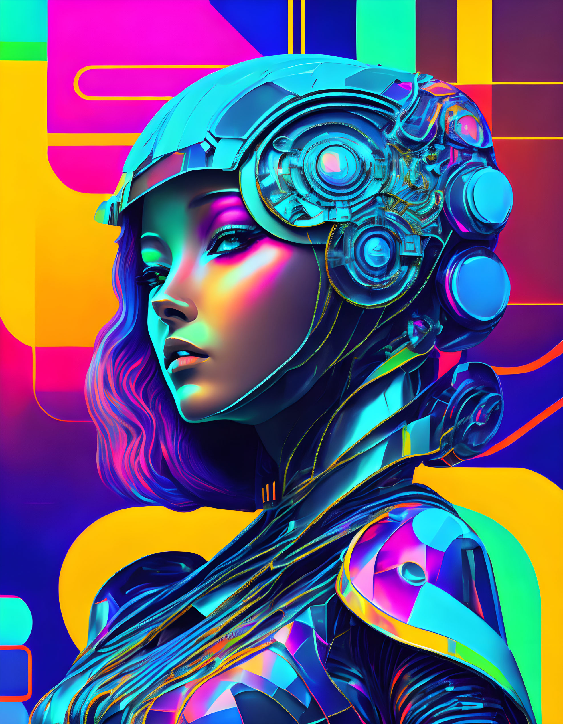 Digital artwork featuring female figure with cybernetic enhancements and helmet on colorful geometric backdrop