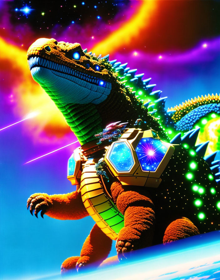 Digital artwork: Godzilla-like creature with tech-armored body shooting lasers in cosmic scene