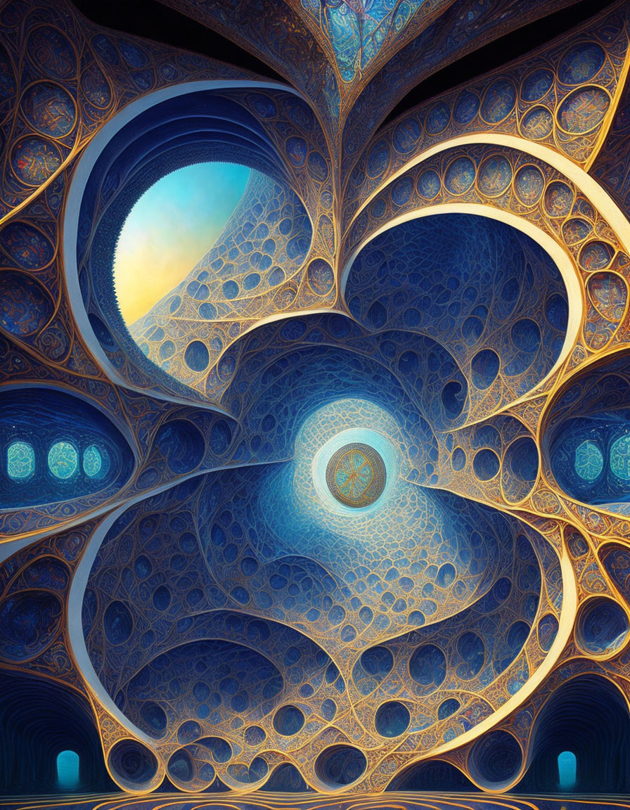 Intricate Fractal Design with Circular Patterns and Blue to Orange Gradient