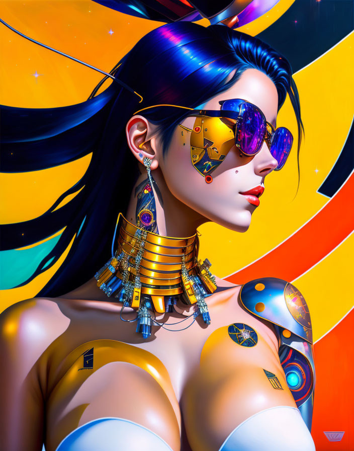 Colorful digital portrait of woman with blue hair and futuristic sunglasses on abstract background