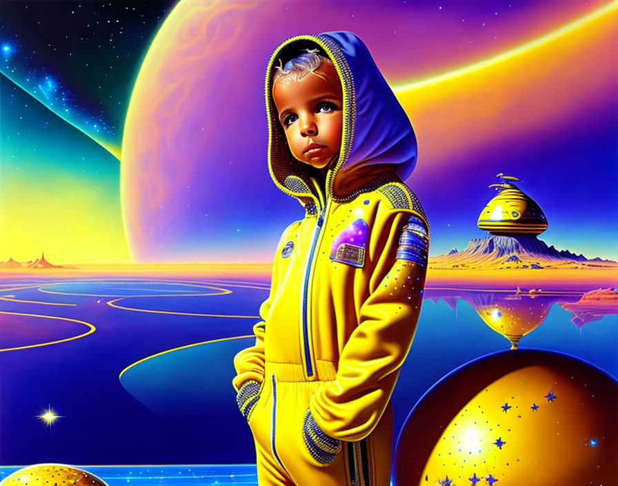 Child in yellow spacesuit on alien planet with moons, stars, spacecraft, and reflective surface