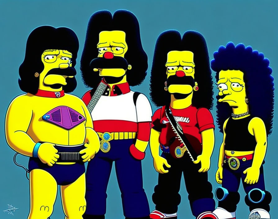 Four characters styled like Queen in "Bohemian Rhapsody" era with a Simpsons twist