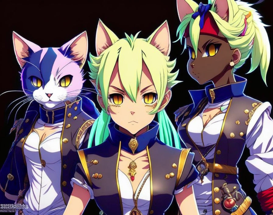 Anime-style characters with feline features in stylish military uniforms