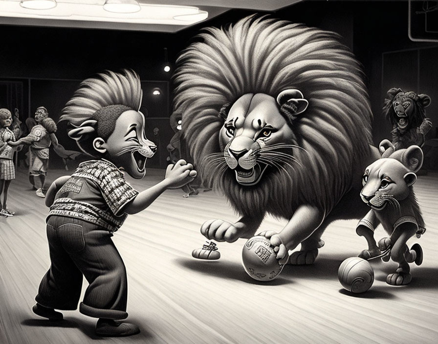 Monochrome anthropomorphic lion family illustration with child, playful young lion, and adult lion with child-like