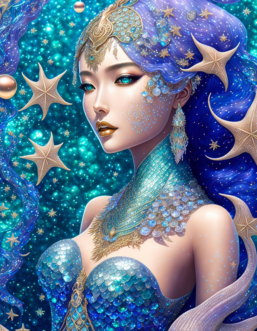 Woman with Blue Hair and Scales in Cosmic Sea Setting