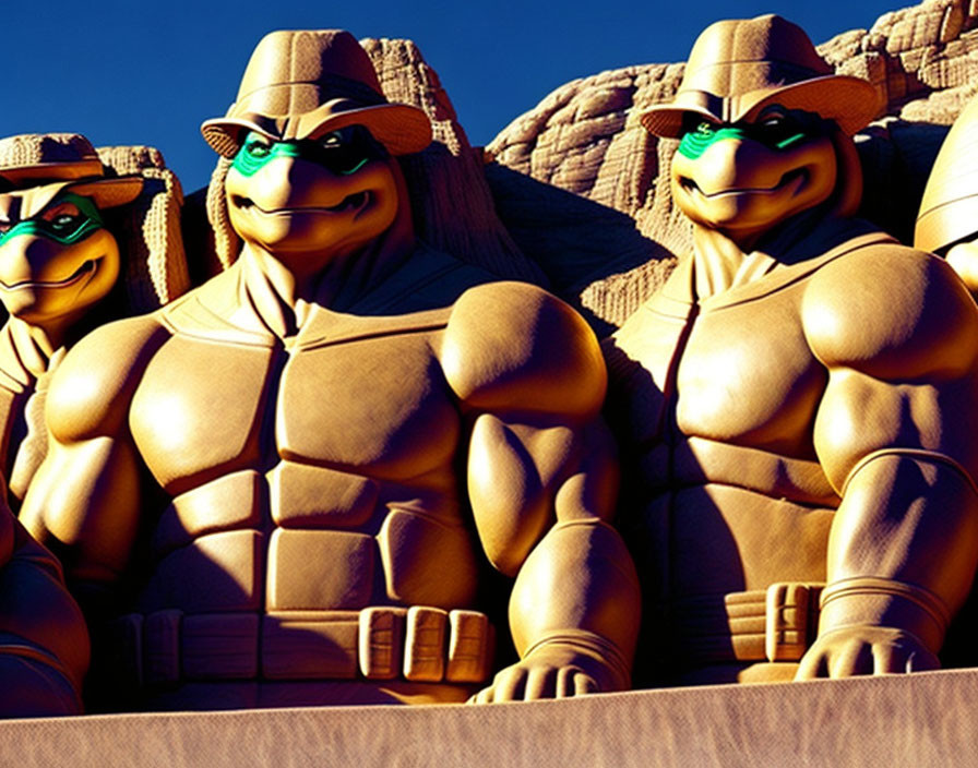 Three animated turtle characters in colored bandanas on rocky backdrop