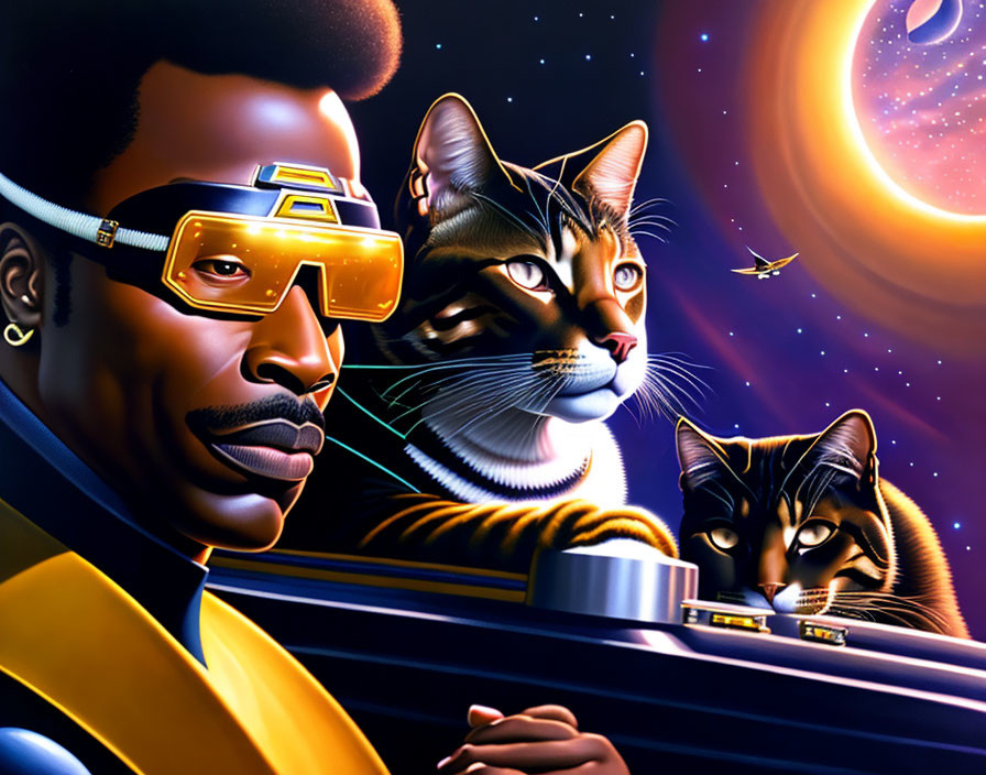 Futuristic man with cats in spaceship illustration.