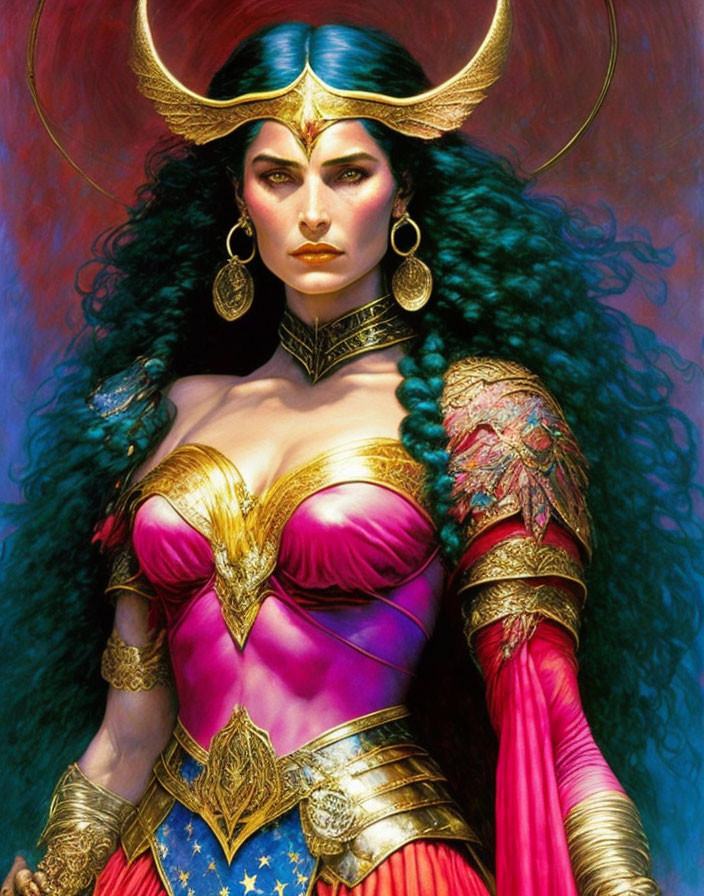 Regal woman in golden horned helmet and vibrant attire