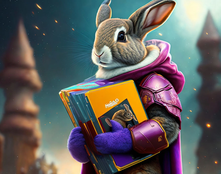 Anthropomorphic rabbit in purple cloak holding colorful books with mystical backdrop