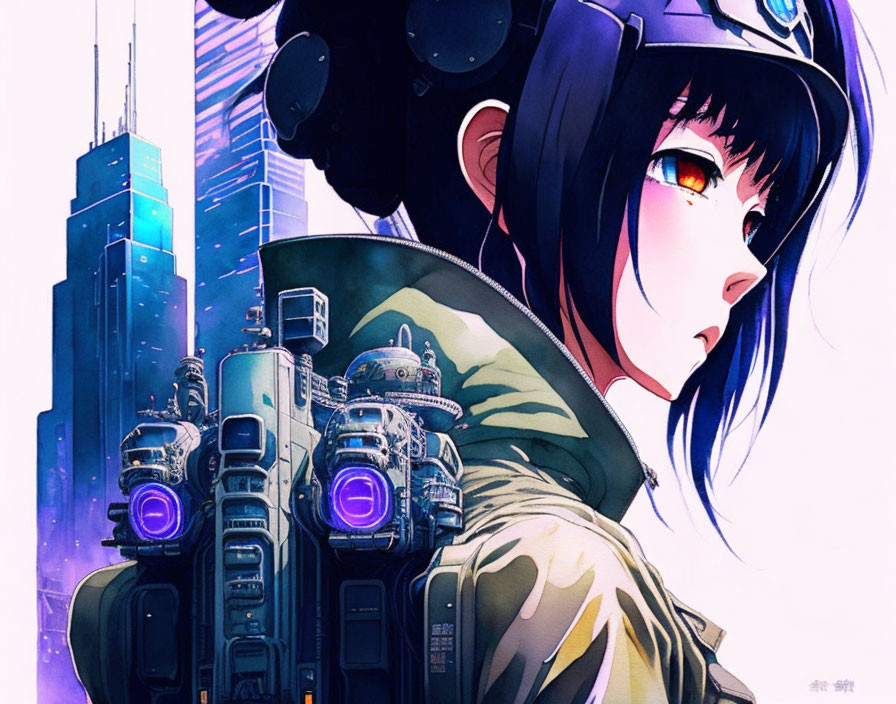 Futuristic anime character with red eyes, green jacket, and jetpack in cityscape backdrop