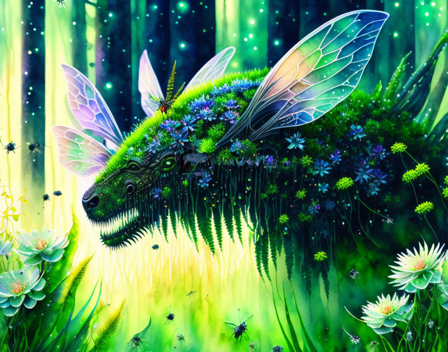 Fantastical creature with dragon features surrounded by flowers on starry background