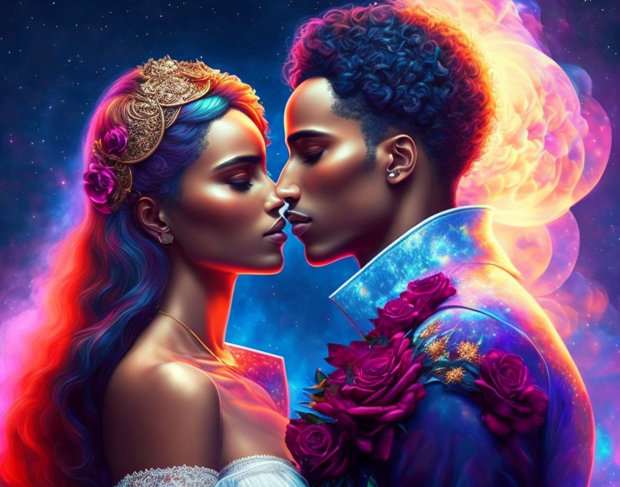 Cosmic-themed digital artwork of a man and woman touching foreheads