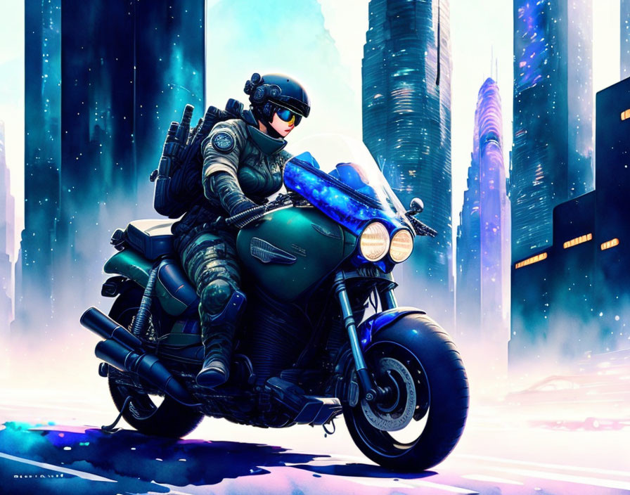 Futuristic biker in black armor on sleek motorcycle in neon-lit city