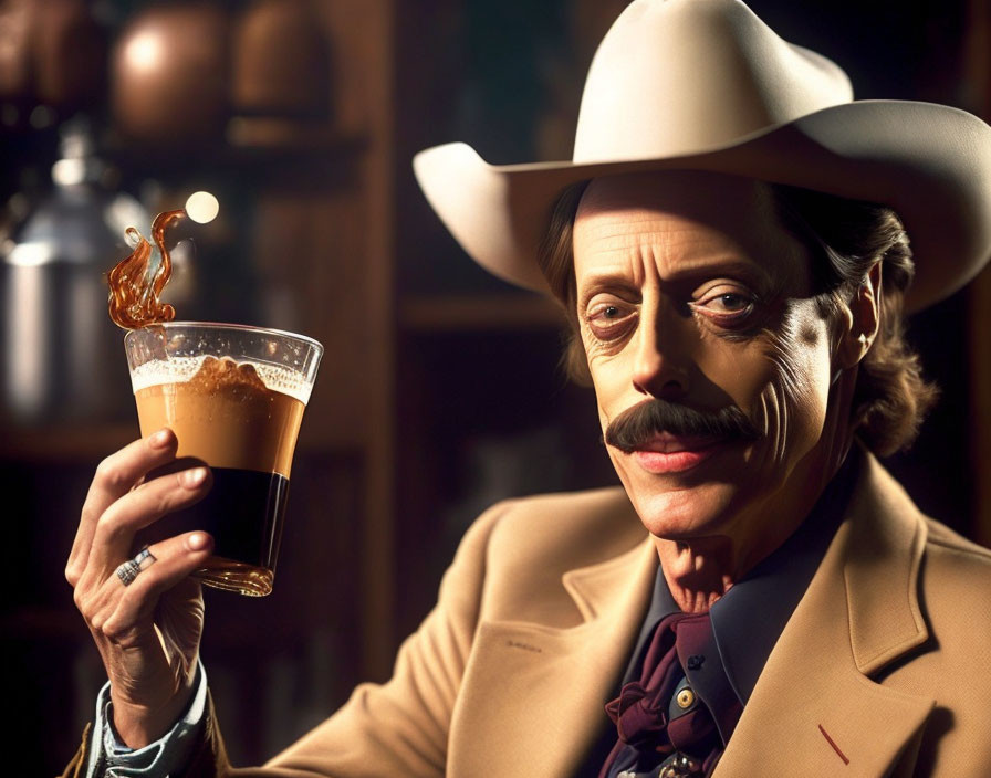 Man in cowboy hat toasting with frothy beverage amidst dynamic splash