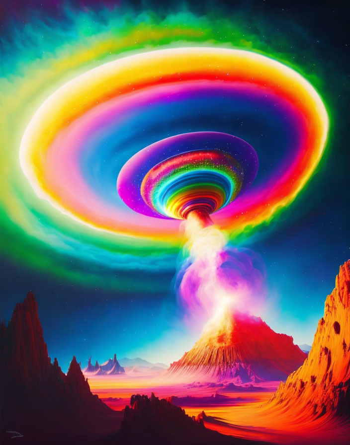 Colorful digital artwork: Volcano eruption to galaxy swirl on alien mountains