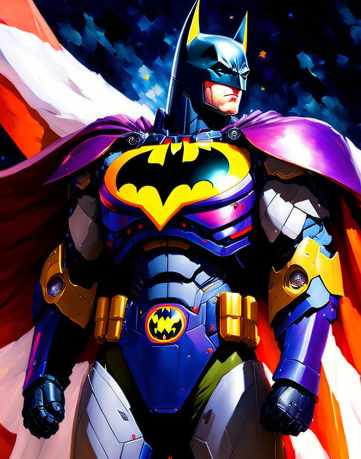 Vibrant Batman illustration with purple cape and cosmic background