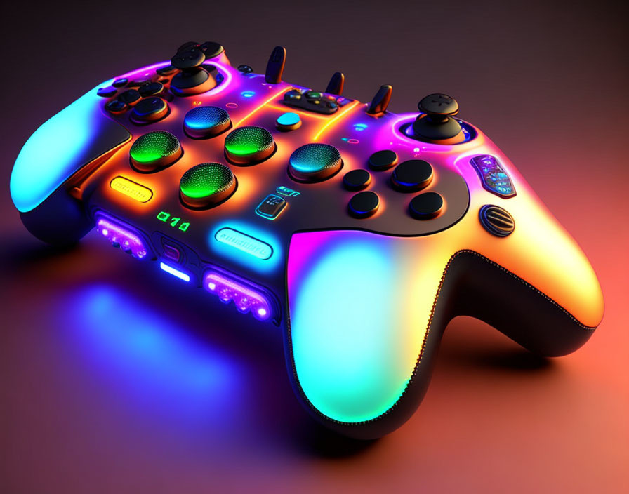 Vibrant Backlit Gaming Controller in Neon Orange and Blue