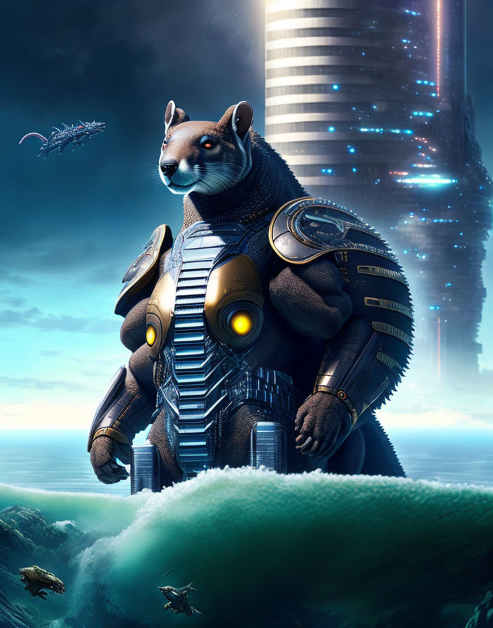 Futuristic armored raccoon on cloud with cityscape and flying creatures