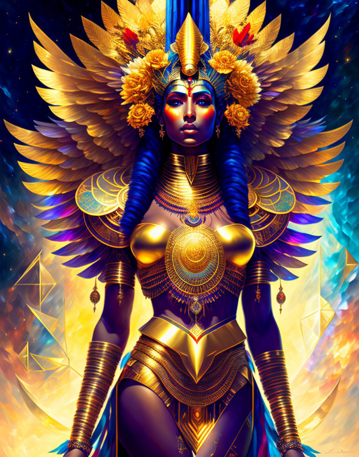 Regal figure with golden headdress, jewelry, and wings in cosmic setting