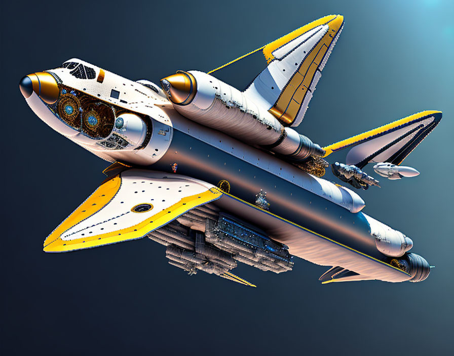 Detailed 3D illustration of futuristic spaceship in white, yellow, and black colors with advanced features