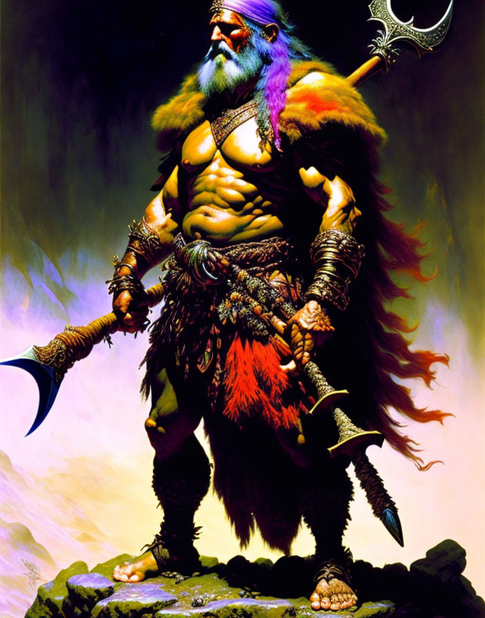 Muscular fantasy warrior with colorful beard and double-bladed axe on rocky terrain