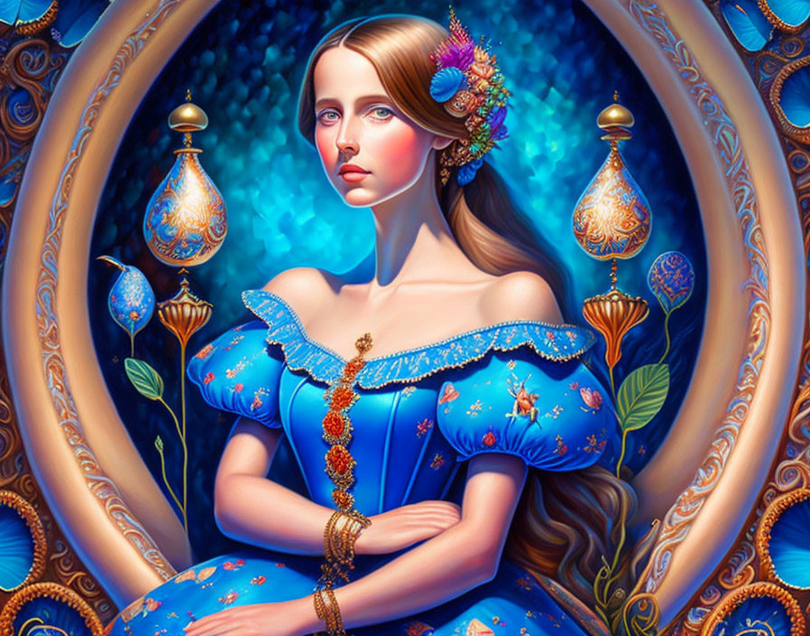 Woman in Blue Ornate Dress Surrounded by Lamps and Floral Motifs