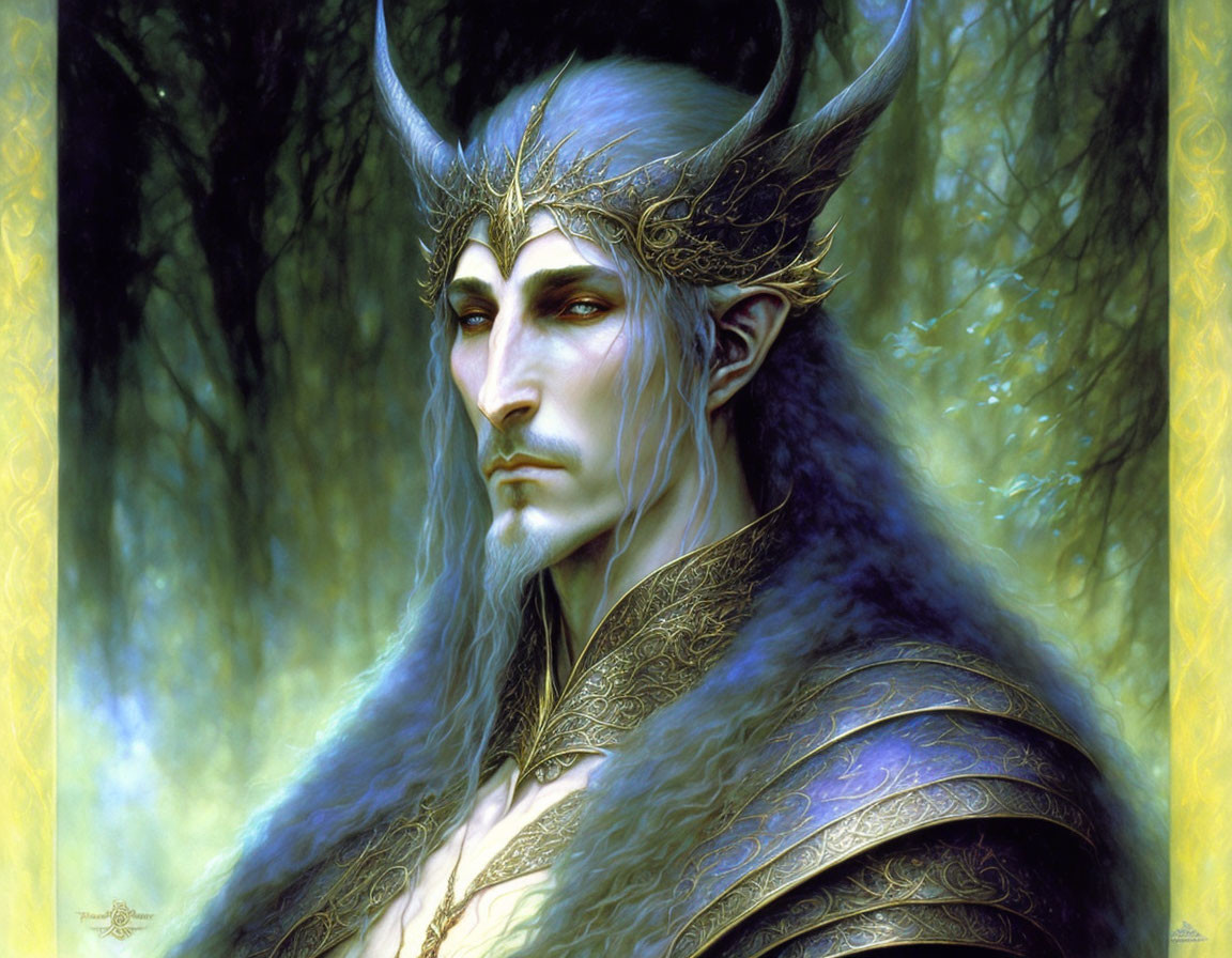 Ethereal male figure with horns in ornate armor on green background