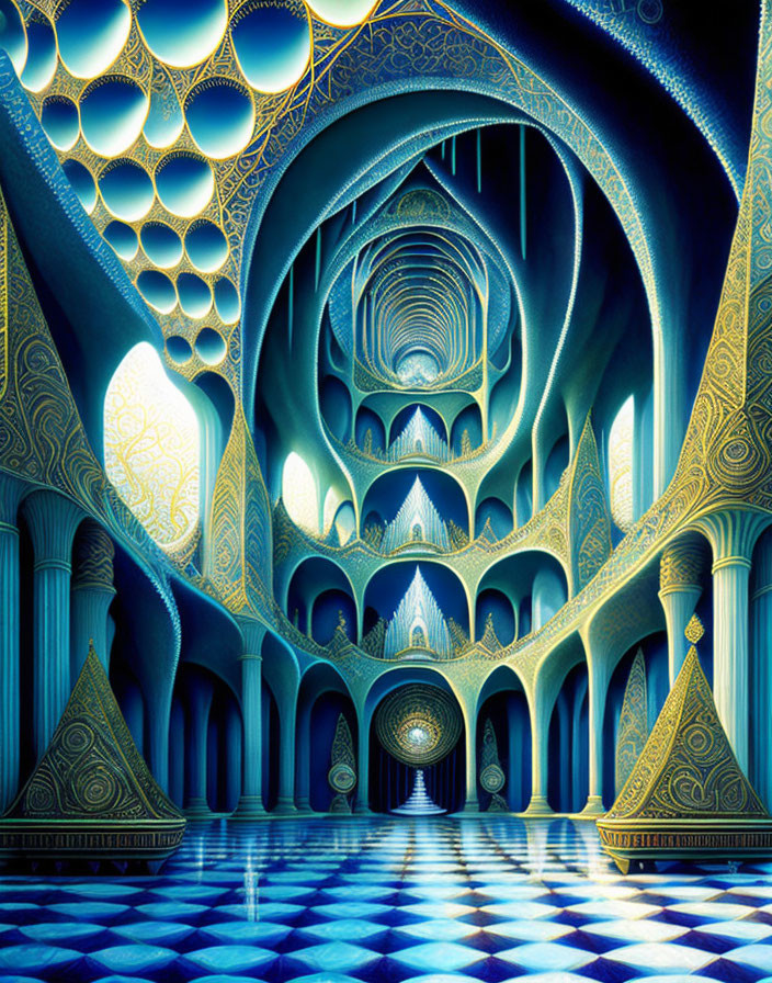 Intricate Blue and Gold Fantasy Interior with Geometric Designs