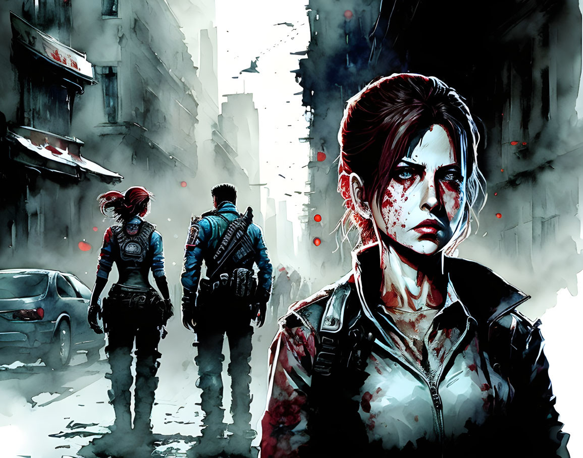 Dystopian scene with bloodied female and walking couple