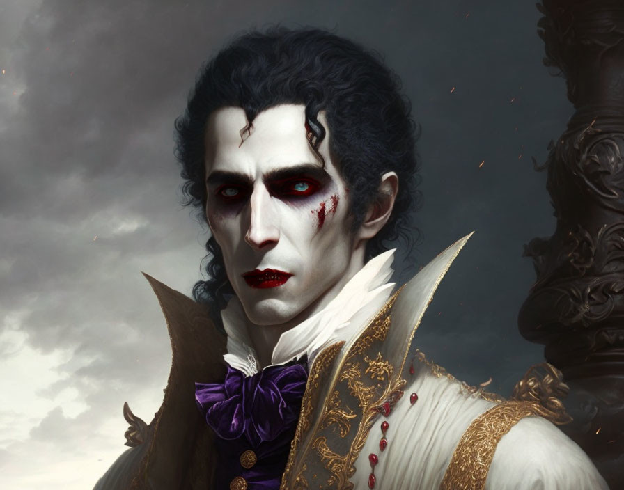 Gothic vampire with pale skin, blood under eyes, scar, regal white & gold outfit