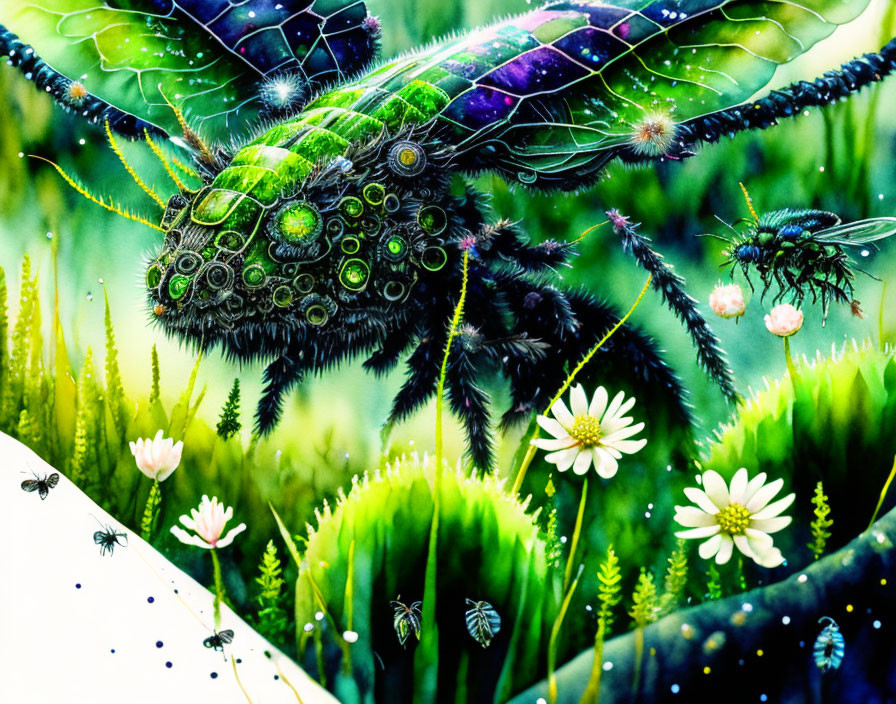 Fantastical bee illustration in lush environment with galaxy wings