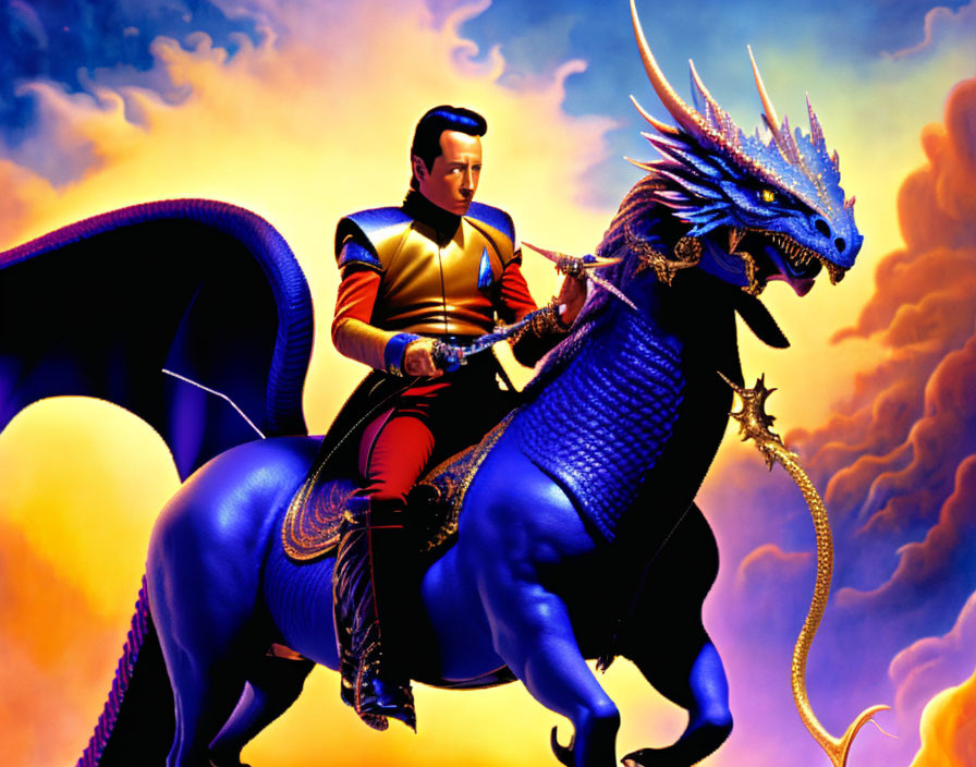 Man in futuristic armor riding blue dragon in fiery sky.