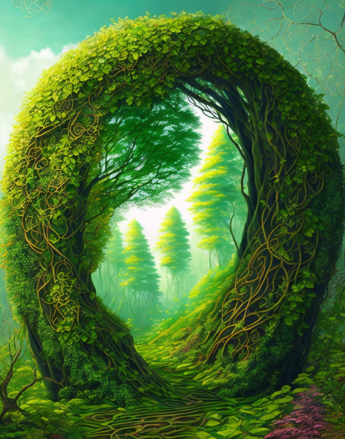 Lush green forest scene with vine-covered archway and misty path