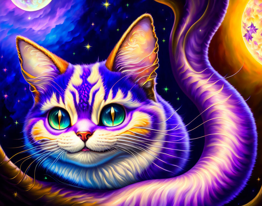 Colorful cosmic cat illustration with green eyes and stars background