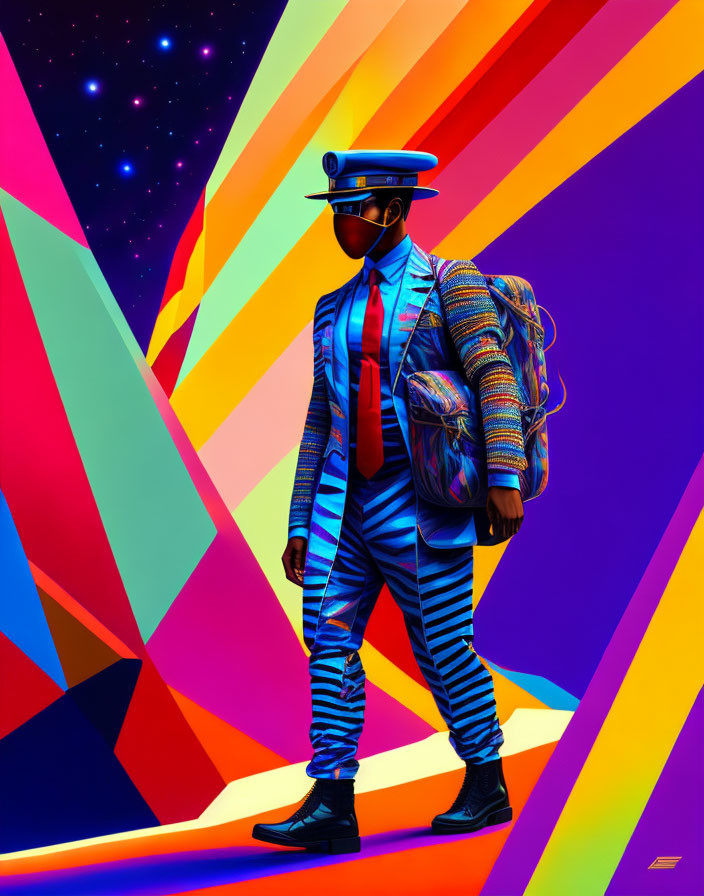 Colorful Artwork: Striped Suit Figure with Cosmic Elements