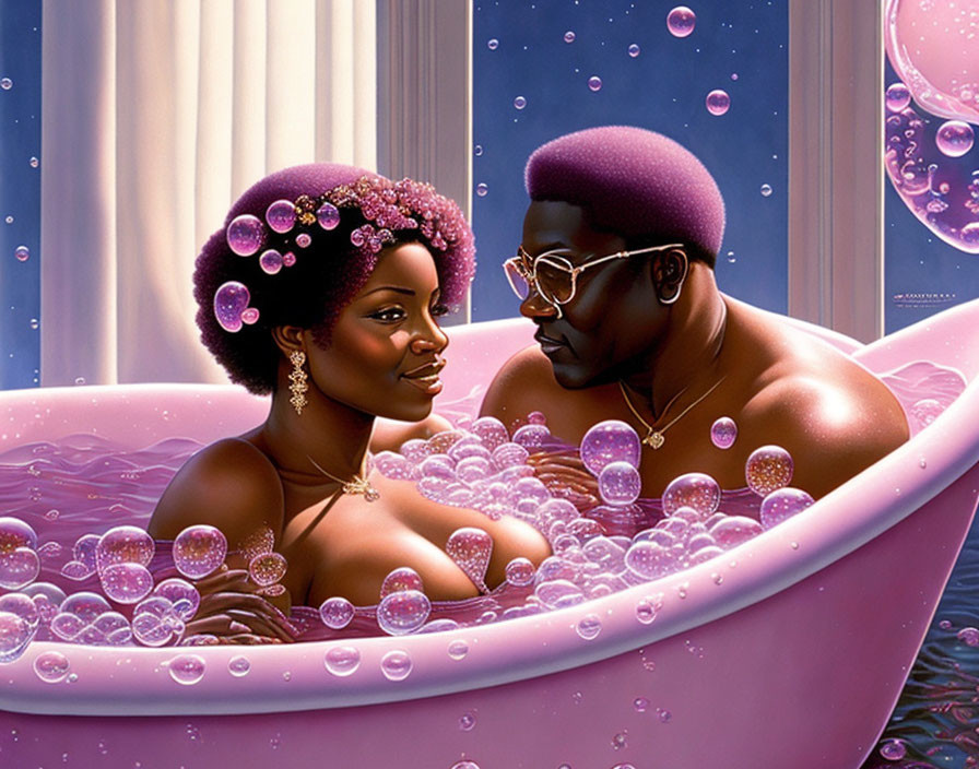 Colorful digital illustration of couple in bubble bath