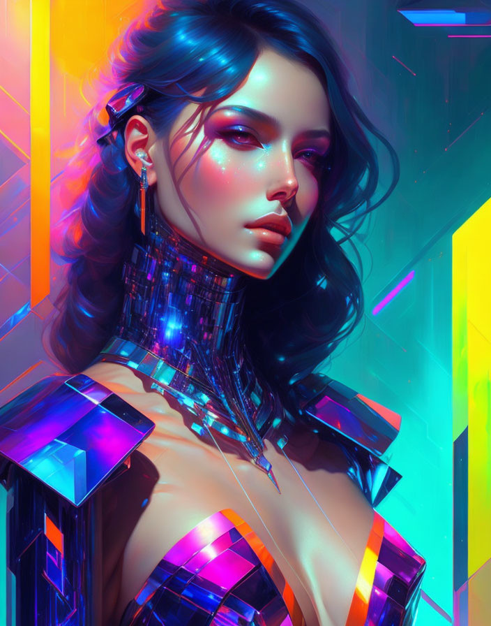 Digital portrait featuring woman with blue hair highlights in futuristic attire against neon-lit background