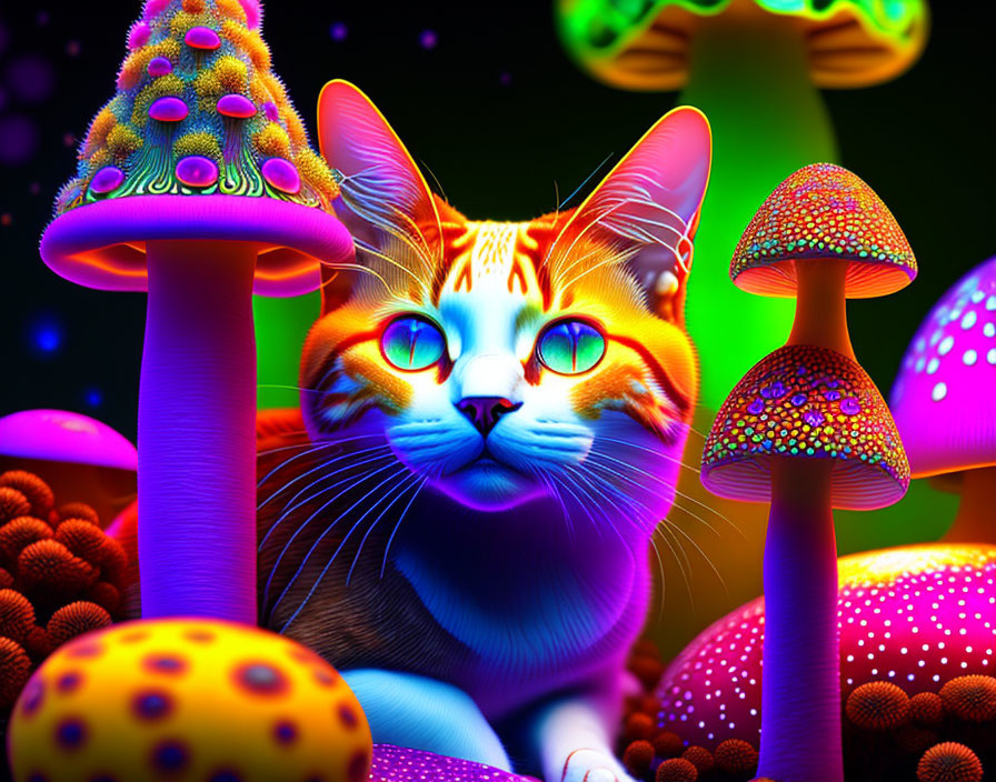 Colorful Digital Art: Psychedelic Cat with Neon Mushrooms